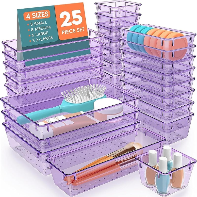 SpaceHacks 25 PCS Plastic Drawer Organizer Set, 4-Size Versatile Organizer Trays & storage Bins for Makeup, Jewelry, and Gadgets in Bathroom, Bedroom and Office,Clear Purple - Image 1